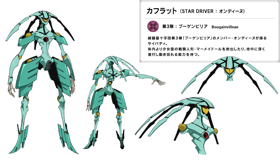 綺羅星十字団第３隊「ブーゲンビリア」のメンバー・オンディーヌが操るサイバディ。
体内より少女型の戦闘人形・マーメイドールを射出したり、地中に深く潜行し動き回れる能力を持つ。
